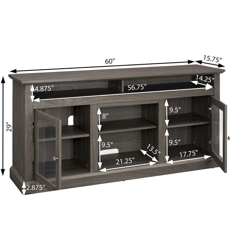 60 Fireplace TV Stand with Glass Doors and Open/Closed Storage for TVs Up to 65