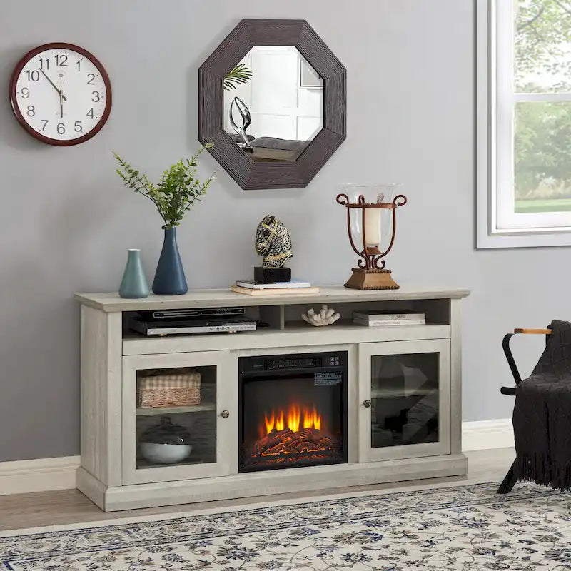 60 Fireplace TV Stand with Glass Doors and Open/Closed Storage for TVs Up to 65
