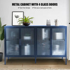 4-Door Tempered Glass Cabinet with 4 Glass Doors Adjustable Shelf and Feet Anti-Tip Dust-free Fluted Glass Kitchen Credenza