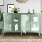 4-Door Tempered Glass Cabinet with 4 Glass Doors Adjustable Shelf and Feet Anti-Tip Dust-free Fluted Glass Kitchen Credenza