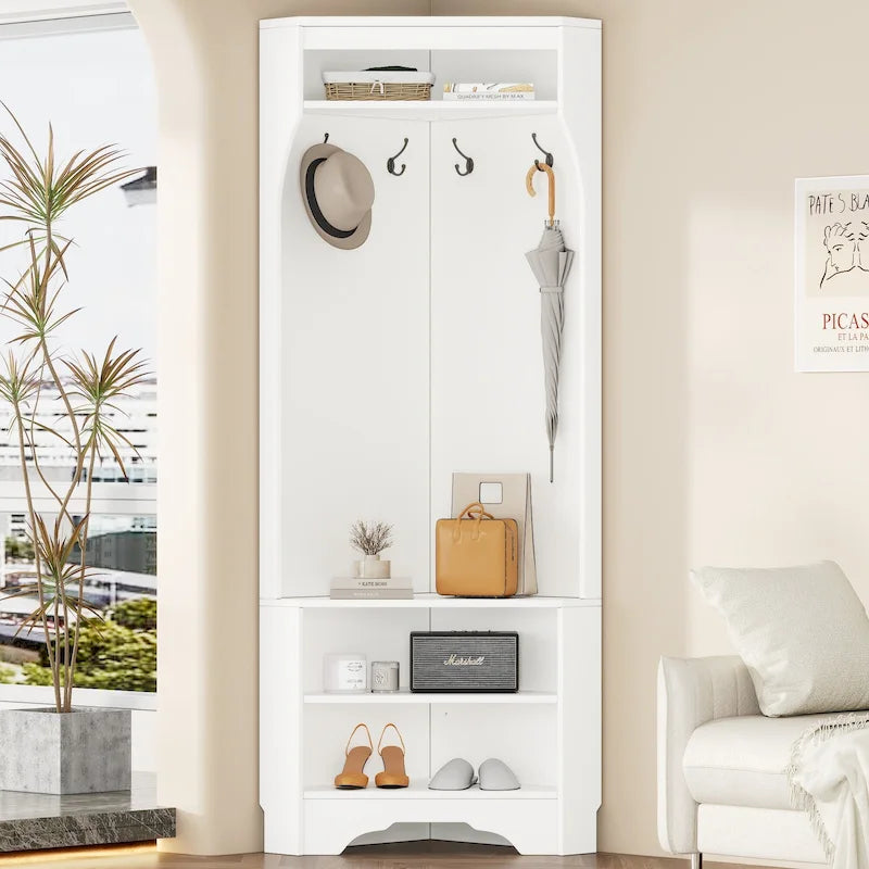 Corner Hall Tree with Shoe Bench - Multifunctional Entryway Coat Rack Featuring 4 Hooks and Adjustable Shelf,29.5W x 71.6H