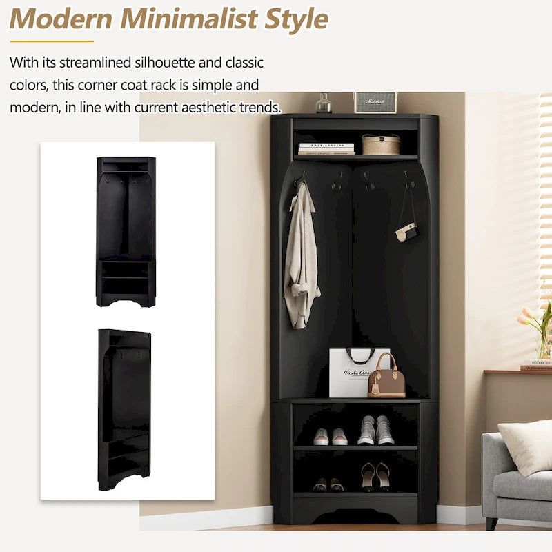 Corner Hall Tree with Shoe Bench - Multifunctional Entryway Coat Rack Featuring 4 Hooks and Adjustable Shelf,29.5W x 71.6H