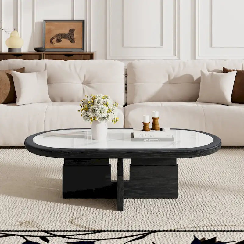 Black & White Oval Coffee Table - Wood Veneer with Sintered Stone Top (47")