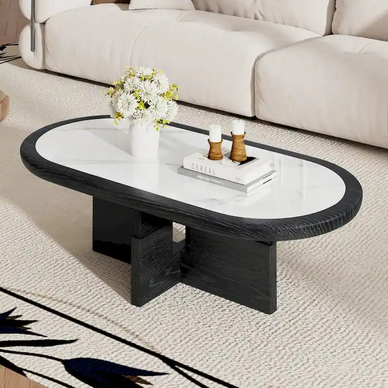Black & White Oval Coffee Table - Wood Veneer with Sintered Stone Top (47")