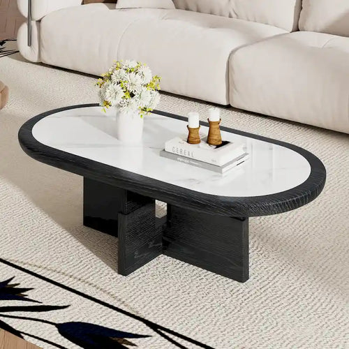 Black & White Oval Coffee Table - Wood Veneer with Sintered Stone Top (47")