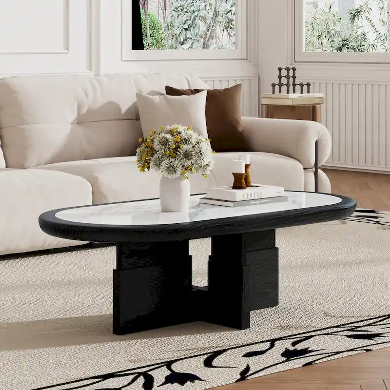 Black & White Oval Coffee Table - Wood Veneer with Sintered Stone Top (47")