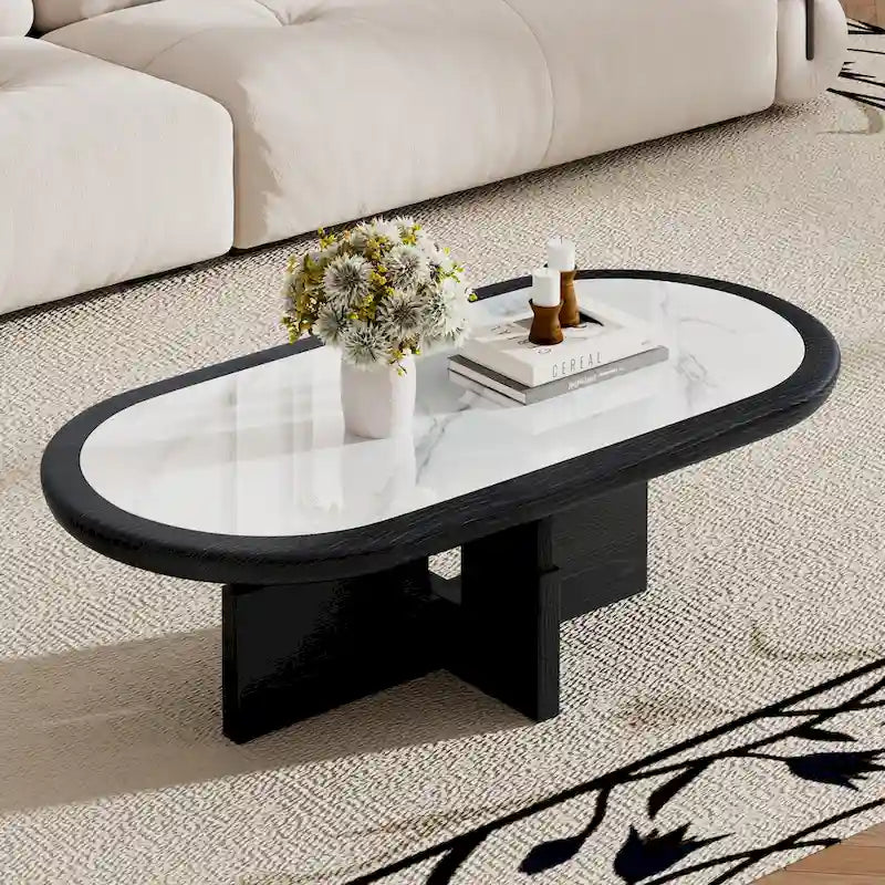 Black & White Oval Coffee Table - Wood Veneer with Sintered Stone Top (47")