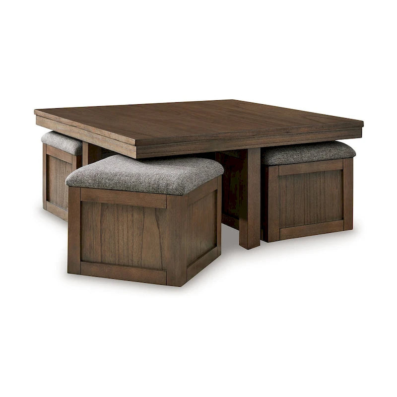 Olaf Coffee Table and 4 Nesting Stools Set, Brown Wood, Polyester Top