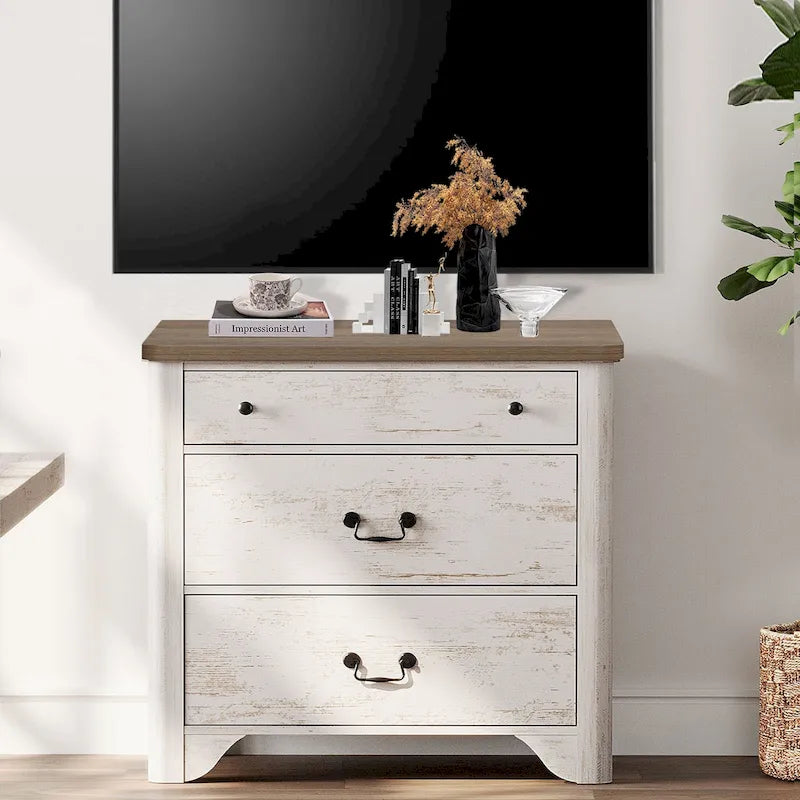 WAMPAT Farmhouse TV Stand For Tvs, Wood Entertainment Center With 3 Drawers, TV Console With Large Storage For Living Room