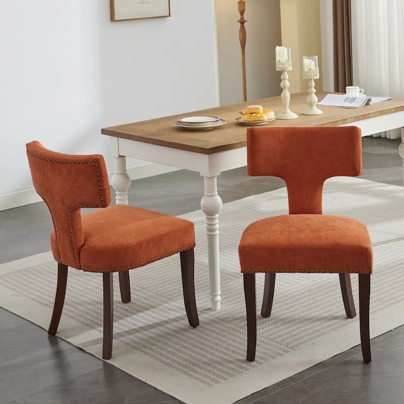 Modern Dining Chairs Set of 2, Linen Fabric Upholstered Accent Chair Curved Backrest Kitchen Chairs with Rubberwood Frame