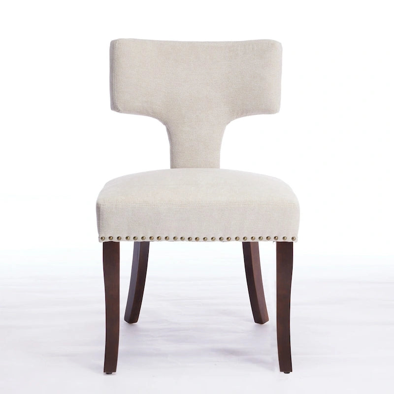 Modern Dining Chairs Set of 2, Linen Fabric Upholstered Accent Chair Curved Backrest Kitchen Chairs with Rubberwood Frame