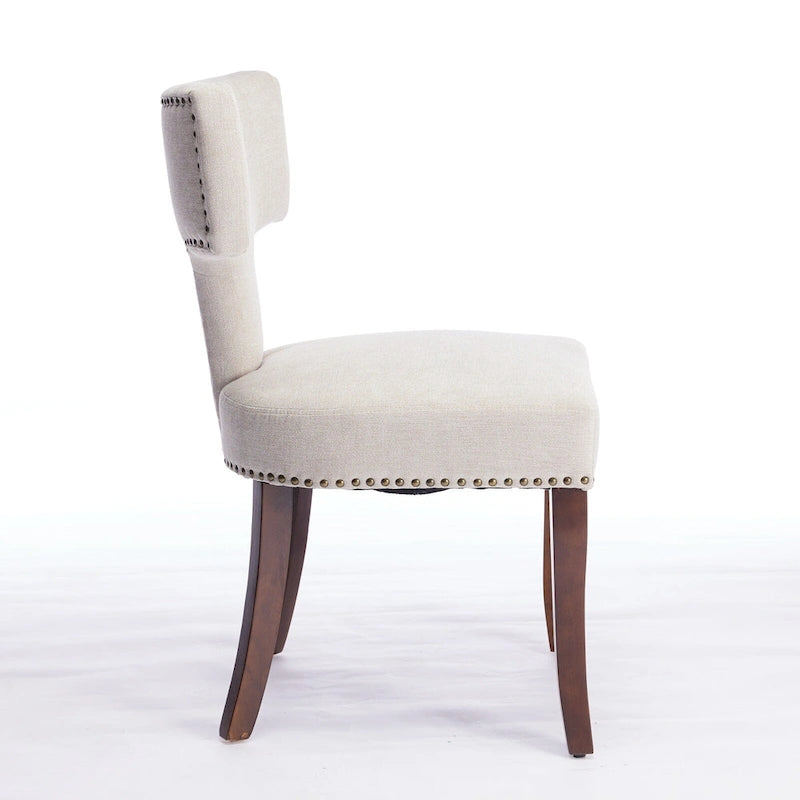 Modern Dining Chairs Set of 2, Linen Fabric Upholstered Accent Chair Curved Backrest Kitchen Chairs with Rubberwood Frame