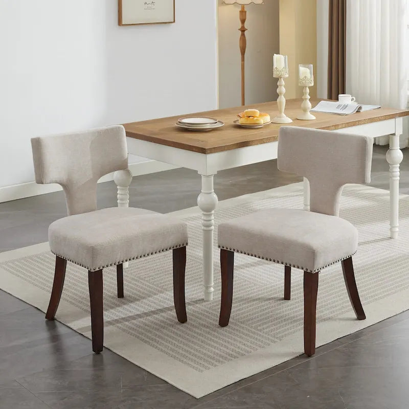 Modern Dining Chairs Set of 2, Linen Fabric Upholstered Accent Chair Curved Backrest Kitchen Chairs with Rubberwood Frame