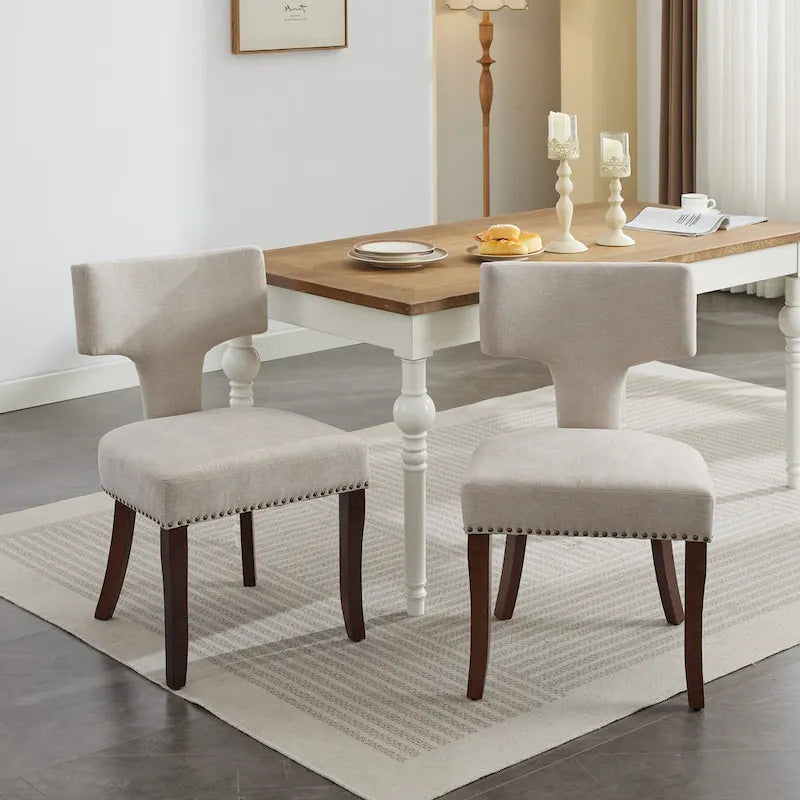 Modern Dining Chairs Set of 2, Linen Fabric Upholstered Accent Chair Curved Backrest Kitchen Chairs with Rubberwood Frame