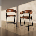 Roomfitters 26 PU Upholstered Counter Stools, Set of 2 Bar Height Chairs with Iron Frame, Backrest, Footrest and Arms, Brown