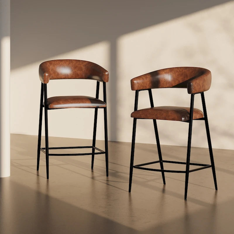 Roomfitters 26 PU Upholstered Counter Stools, Set of 2 Bar Height Chairs with Iron Frame, Backrest, Footrest and Arms, Brown