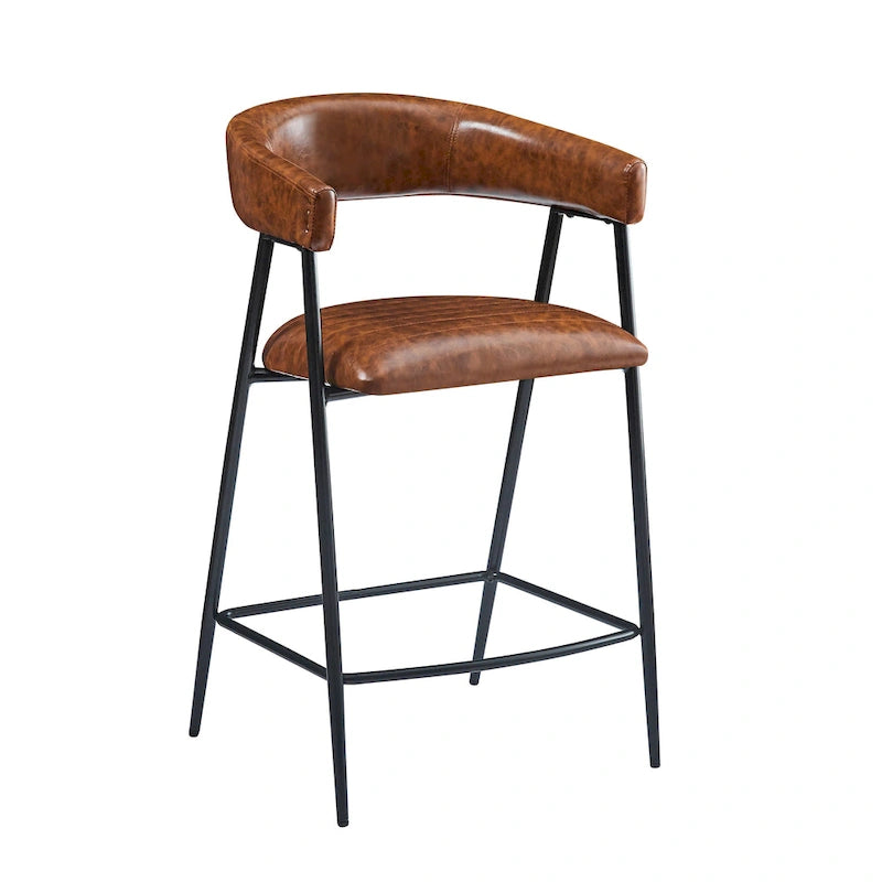 Roomfitters 26 PU Upholstered Counter Stools, Set of 2 Bar Height Chairs with Iron Frame, Backrest, Footrest and Arms, Brown