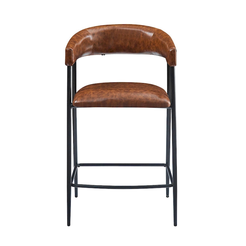 Roomfitters 26 PU Upholstered Counter Stools, Set of 2 Bar Height Chairs with Iron Frame, Backrest, Footrest and Arms, Brown
