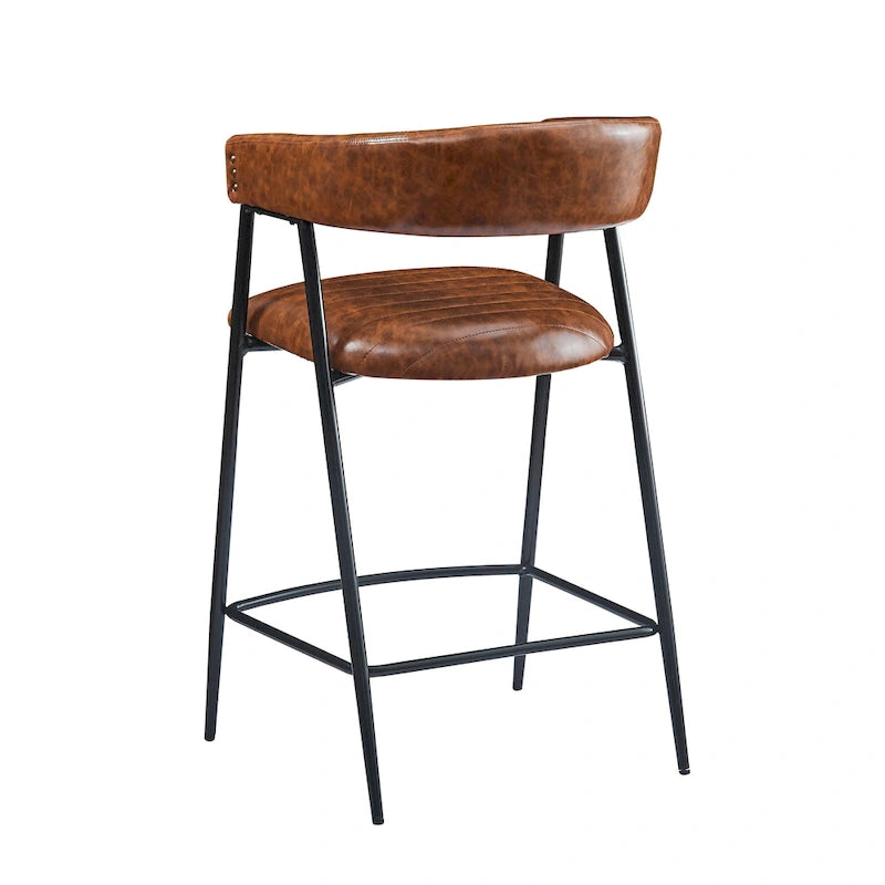 Roomfitters 26 PU Upholstered Counter Stools, Set of 2 Bar Height Chairs with Iron Frame, Backrest, Footrest and Arms, Brown