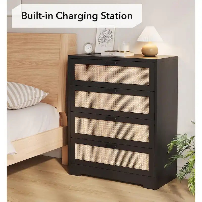 4 Drawer Dresser for Bedroom, Rattan Chest of Dressers