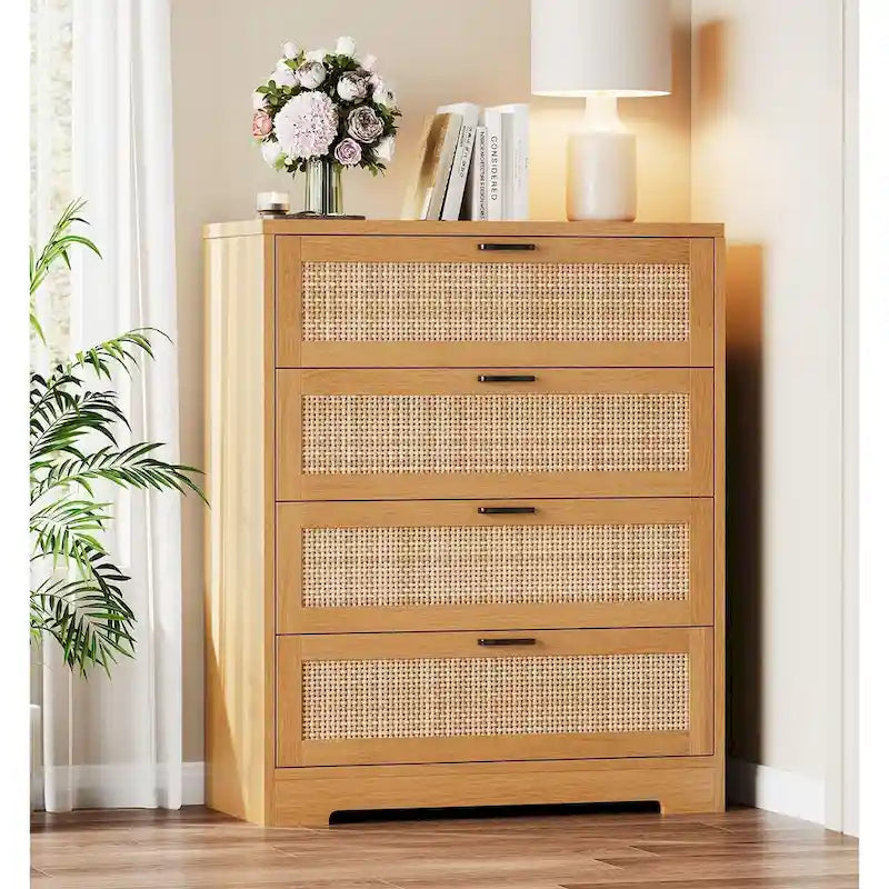 Wood Rattan 4-Drawer Dresser with Power Outlets (31.49"W)
