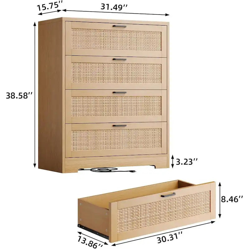 Wood Rattan 4-Drawer Dresser with Power Outlets (31.49"W)