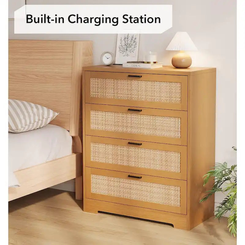 Wood Rattan 4-Drawer Dresser with Power Outlets (31.49"W)