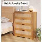 Wood Rattan 4-Drawer Dresser with Power Outlets (31.49"W)