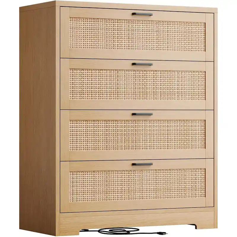 Wood Rattan 4-Drawer Dresser with Power Outlets (31.49"W)