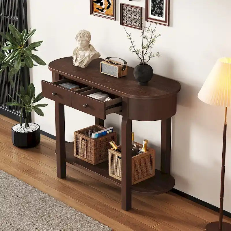 Vintage Console Table with 2 Drawers - Wood Veneer Finish