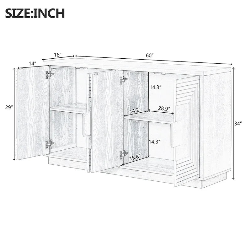 Vintage Fluted 4-Door Sideboard Cabinet - Adjustable Shelves (60")