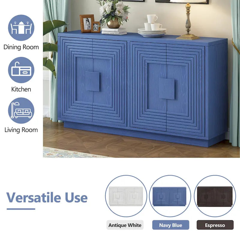 Vintage Fluted 4-Door Sideboard Cabinet - Adjustable Shelves (60")