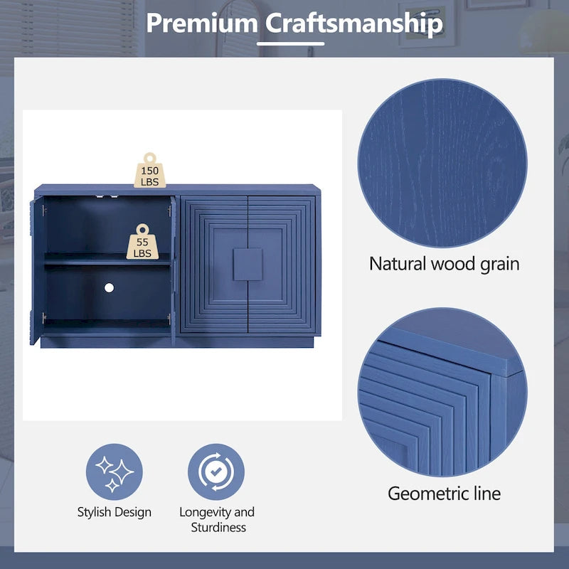 Vintage Fluted 4-Door Sideboard Cabinet - Adjustable Shelves (60")