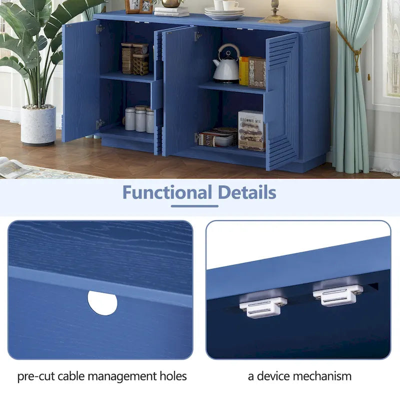 Vintage Fluted 4-Door Sideboard Cabinet - Adjustable Shelves (60")