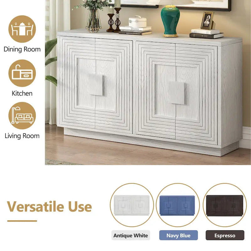 Vintage Fluted 4-Door Sideboard Cabinet - Adjustable Shelves (60")