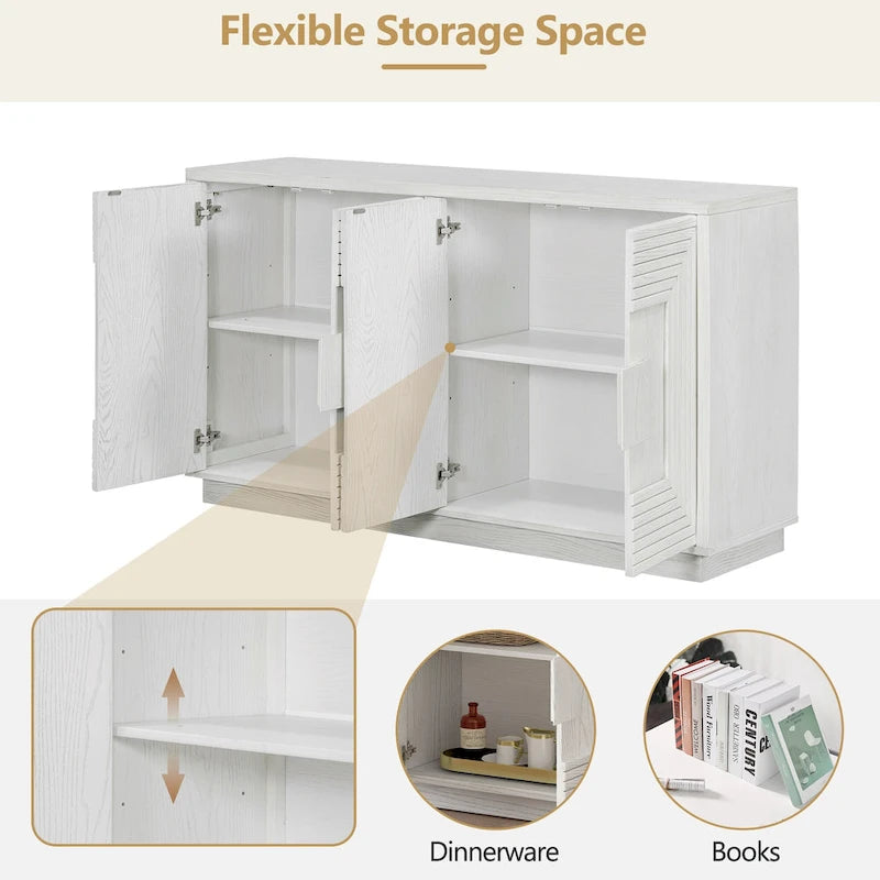 Vintage Fluted 4-Door Sideboard Cabinet - Adjustable Shelves (60")