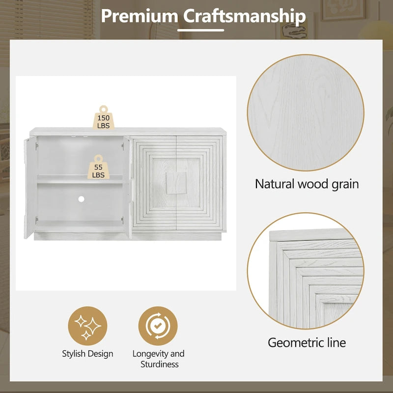 Vintage Fluted 4-Door Sideboard Cabinet - Adjustable Shelves (60")