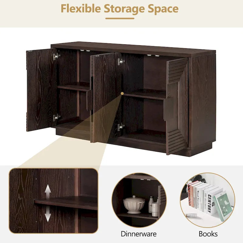 Vintage Fluted 4-Door Sideboard Cabinet - Adjustable Shelves (60")