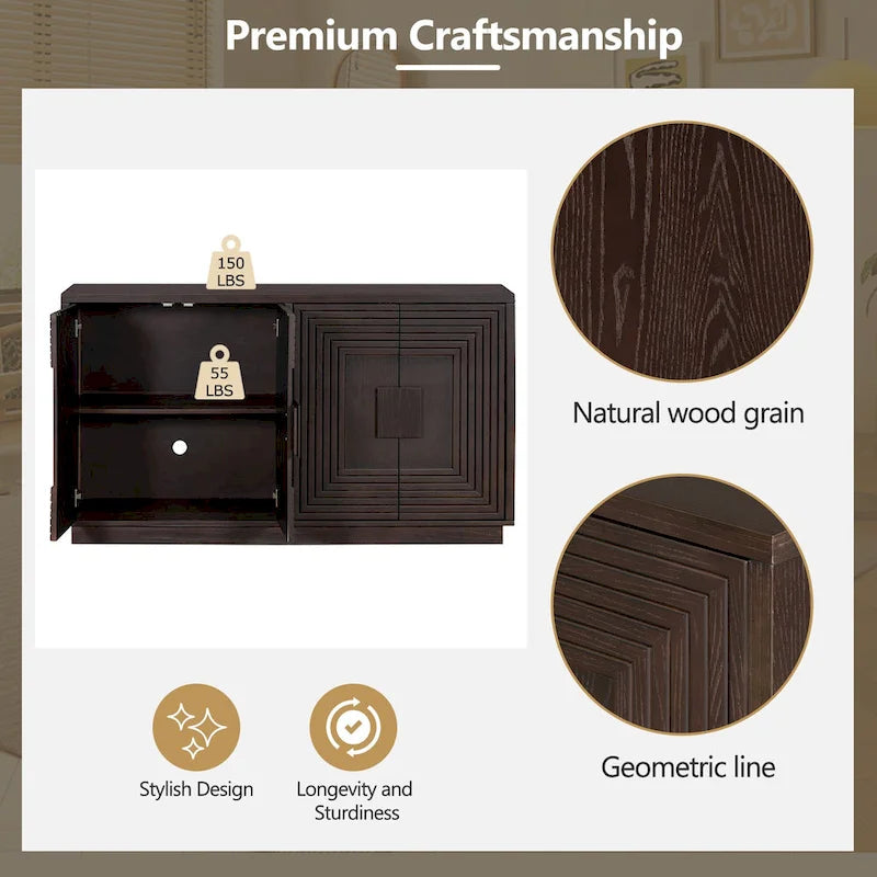 Vintage Fluted 4-Door Sideboard Cabinet - Adjustable Shelves (60")