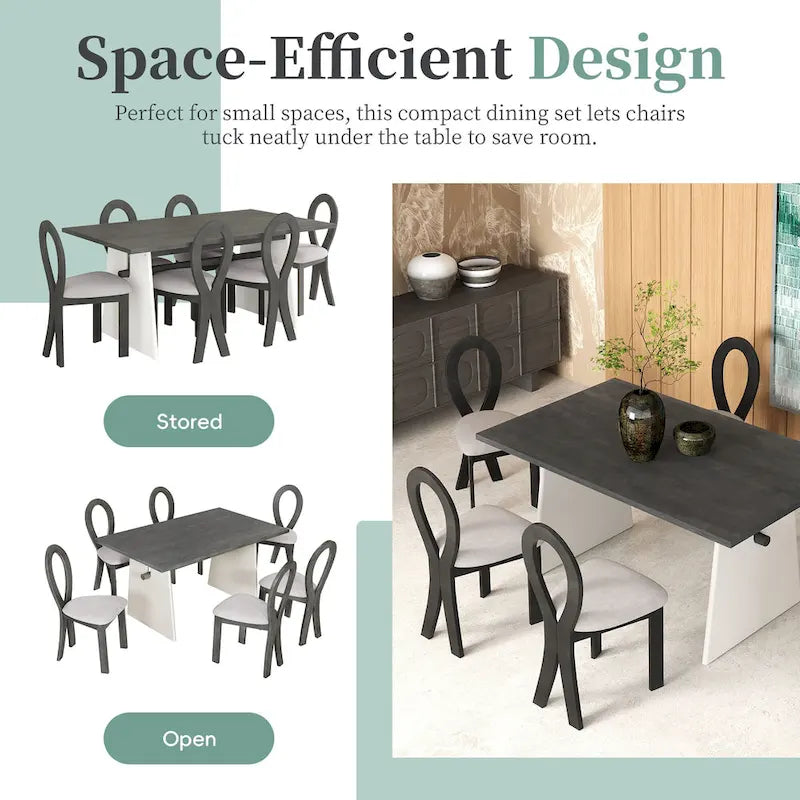 7 Piece Dining Table Set for 6, Versatile Kitchen Dining Table Set with Trestle Dining Table and 6 Upholstered Chairs
