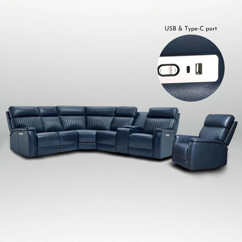 105 W Genuine Leather Power Sectional with Recliner Sofa Set with Triple Power, Single Console, USB&USB-C Ports