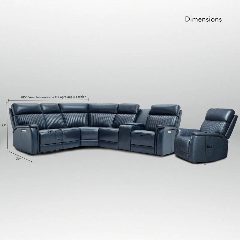105 W Genuine Leather Power Sectional with Recliner Sofa Set with Triple Power, Single Console, USB&USB-C Ports