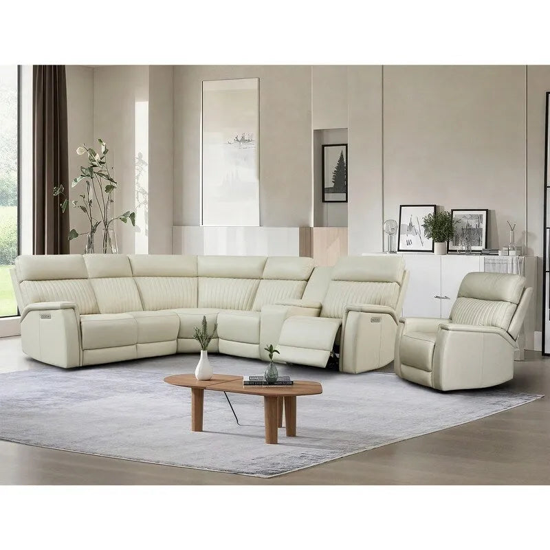 105 W Genuine Leather Power Sectional with Recliner Sofa Set with Triple Power, Single Console, USB&USB-C Ports
