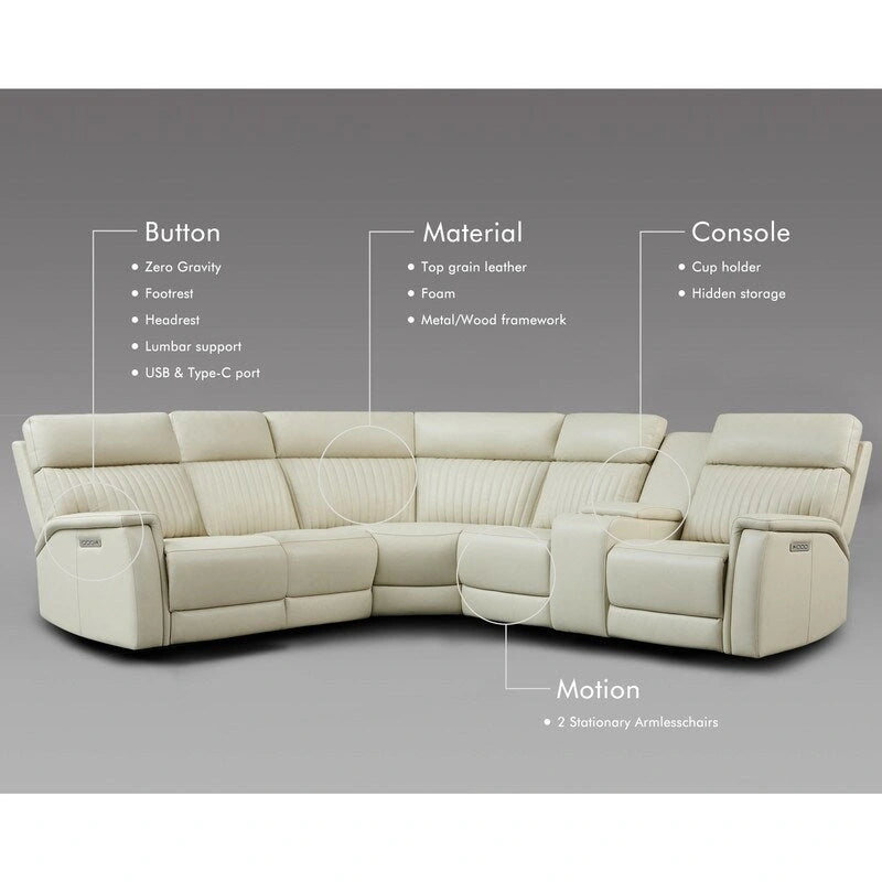 105 W Genuine Leather Power Sectional with Recliner Sofa Set with Triple Power, Single Console, USB&USB-C Ports
