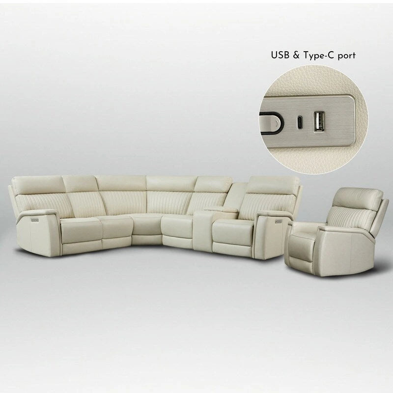 105 W Genuine Leather Power Sectional with Recliner Sofa Set with Triple Power, Single Console, USB&USB-C Ports