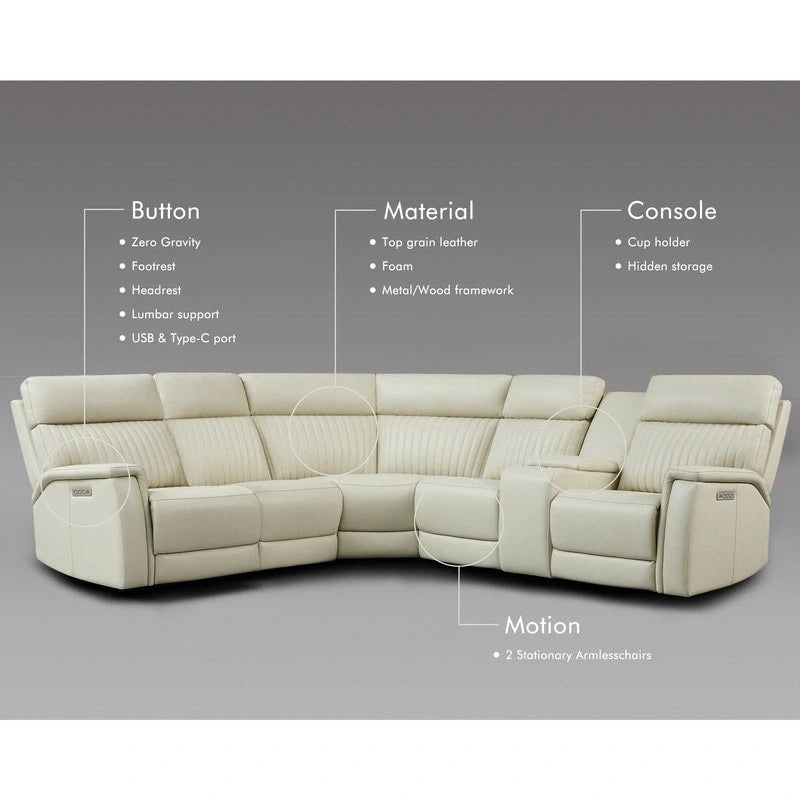 105 W Genuine Leather Power Sectional with Recliner Sofa Set with Triple Power, Single Console, USB&USB-C Ports