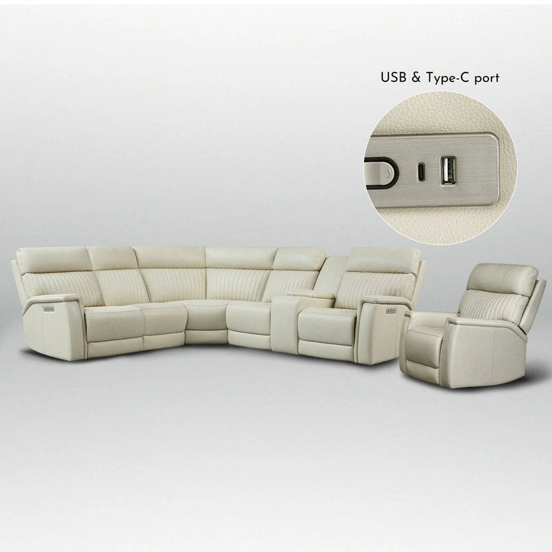 105 W Genuine Leather Power Sectional with Recliner Sofa Set with Triple Power, Single Console, USB&USB-C Ports