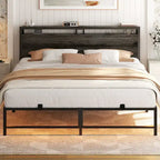 Bed Frame with headboard, Metal Platform Bed with LED Lights and Charging Station