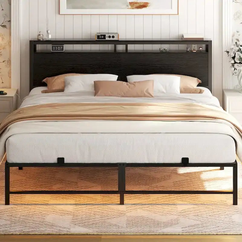 Bed Frame with headboard, Metal Platform Bed with LED Lights and Charging Station