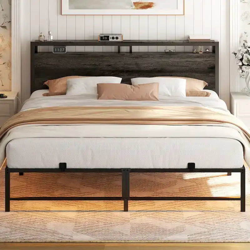 Bed Frame with headboard, Metal Platform Bed with LED Lights and Charging Station